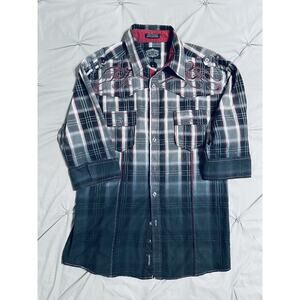 - Montero Jeans Shirt Men Large Button-Up Black White Dark Red 3/4 Sleeve